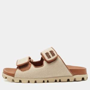 Miu Miu Beige/Brown Canvas and Leather Neutral Mules Size 36.5