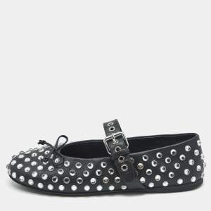 Miu Miu Black Leather Crystal Embellished Ballet Flats Size 37.5