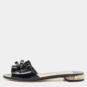 Miu Miu Black  Patent Leather Crystal Embellished Slide Sandals Size 39