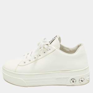 Miu Miu White Patent Leather Crystal Embellished Platform Low Top Sneakers Size 39