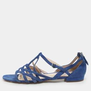 Miu Miu Blue Suede Buckle Detail Strappy Flat Sandals Size 38
