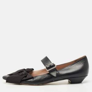 Pre Owned Miu Miu Black Leather Mary Jane Bow Ballet Flats Size 40