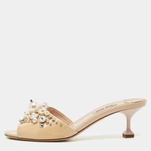 Miu Miu Beige Patent Leather Faux Pearl Embellished Slide Sandals Size 37