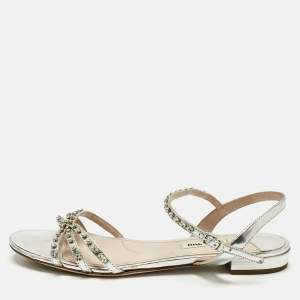 Pre Owned Miu Miu Silver Patent Leather Crystals Embellished Flat Sandals Size 38.5