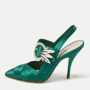 Miu Miu Green Satin Crystal Embellished Donna Slingback Pumps Size 37