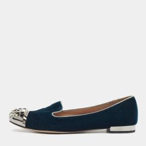Miu Miu Blue Velvet Crystal Embellished Cap Toe Smoking Slippers Size 38