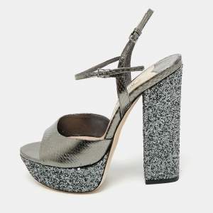 Pre Owned Miu Miu Silver Glitter and Snakeskin Embossed Leather Ankle Strap Sandals Size 36