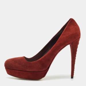 Miu Miu Burgundy Suede Platform Crystal Embellished Heel Pumps Size 40