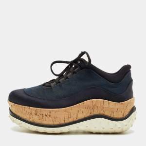 Pre Owned Miu Miu Black Knit Fabric and Satin Cork Platform Lace Up Sneakers Size 38