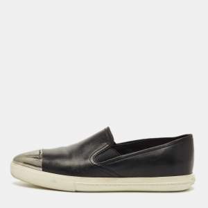 Pre Owned Miu Miu Black Leather Metal Cap Toe Slip On Sneakers Size 36.5