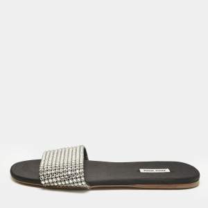 Pre Owned Miu Miu Silver Satin Crystal Embellished Flat Slides Size 38