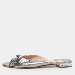 Pre Owned Miu Miu Metallic Silver Python Embossed  Leather Crystal Embellished Flat Slides Size 40.5