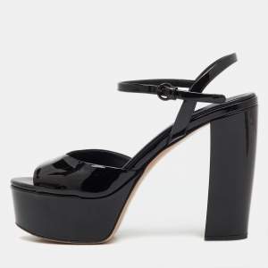 Pre Owned Miu Miu Black Patent Leather Block Heel Platform Sandals Size 37.5