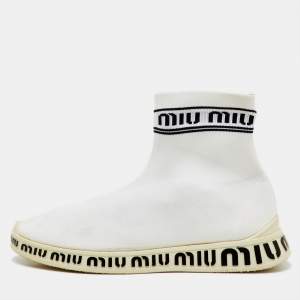Pre Owned Miu Miu White Knit Fabric Sock High Slip On Sneakers Size 40