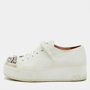 Pre Owned Miu Miu White Leather Crystal Embellished Cap Toe Platform Sneakers Size 38