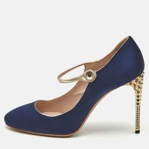 Pre Owned Miu Miu Blue/Gold Satin and Leather Mary Jane Pumps Size 38