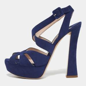 Pre Owned Miu Miu Blue Suede Platform Ankle Strap Sandals Size 36.5