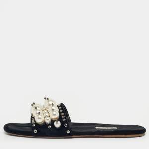 Pre Owned Miu Miu Black Velvet Faux Pearl Embellished Flat Slides Size 40