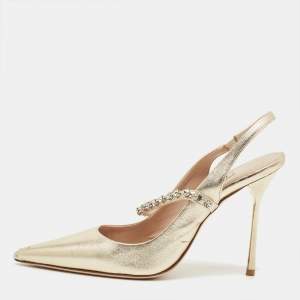 Pre Owned Miu Miu Gold Leather Crystal Embellished Decollete Slingback Pumps Size 38