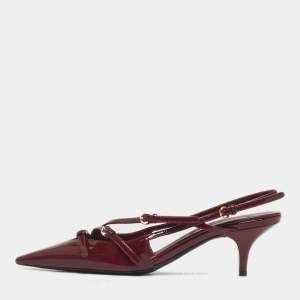 Pre Owned Miu Miu Burgundy Patent Leather Pointed Toe Buckle Slingback Pumps Size 38