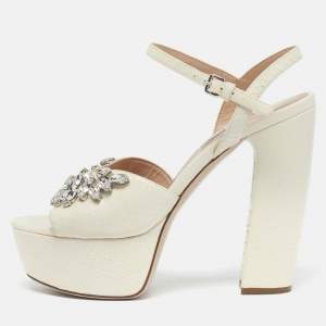 Pre Owned Miu Miu Cream Python Leather Crystal Embellish Platform Ankle Strap Sandals Size 36.5