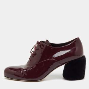 Pre Owned Miu Miu Burgundy Patent Leather Shearling Fur Block Heel Oxfords Size 36.5