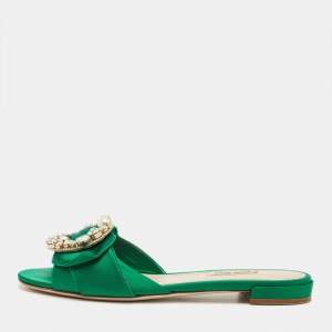 Pre Owned Miu Miu Green Satin Crystal Embellish Flat Slide Size 37.5