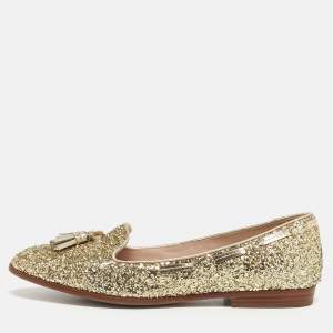 مملوكة مسبقًا Miu Miu Size 38 Gold Glitter and Leather Tassel Smoking Slippers