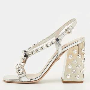 Pre Owned Miu Miu Size 39.5 Silver Patent Leather Crystal Embellished Block Heel Sandals 