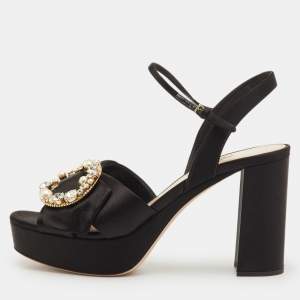 Pre Owned Miu Miu Size 40 Black Satin Crystal Embellished Platform Ankle Strap Sandals