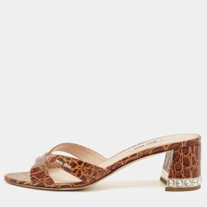 Pre Owned Miu Miu Size 39.5 Brown Crocodile Leather Crystal Embellished Slide Sandals   