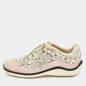 Pre Owned Miu Miu Astro Size 38 Light Pink/Grey Fabric Crystal Embellished Low Top Sneakers