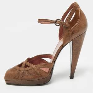 Pre Owned Miu Miu Size 39 Brown Leather Ankle Strap Pumps