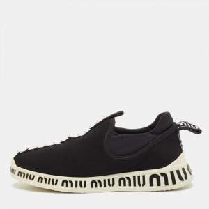Pre Owned Miu Miu Size 36 Black Knit Fabric and Nylon Crystal Embellished Slip On Sneakers