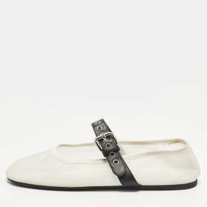 Pre Owned Miu Miu Size 40 White Leather and Net Mary-Jane Ballet Flats