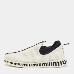 Pre Owned Miu Miu Size 39.5 White Mesh and Neoprene Crystal Embellished Slip On Sneakers