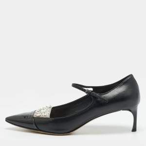 Pre Owned Miu Miu Size 36.5 Black Patent and Leather Crystal Embellished Mary Jane Pumps