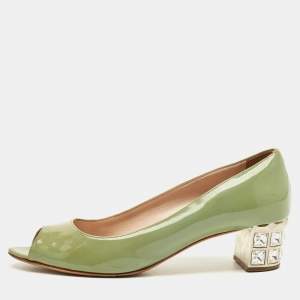 Pre Owned Miu Miu Size 37 Green Patent Leather Crystal Embellish Block Pumps