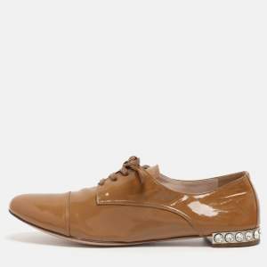 Pre Owned Miu Miu Beige Patent Leather Crystal Embellished Lace Derby Size 38