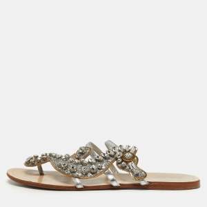 Pre Owned Miu Miu Size 40 Silver Leather Crystal Embellished Flat Slides 