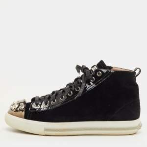 مملوكة مسبقًا Miu Miu Crystal Embellished Cap Toe Size 38.5 Black Patent Leather and Velvet Mid Top Sneakers