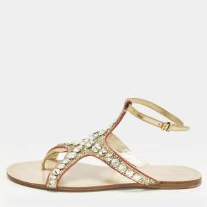 Pre Owned Miu Miu Size 39.5 Gold Leather and Glitter Crystal Embellished Ankle Strap Flat Sandals 