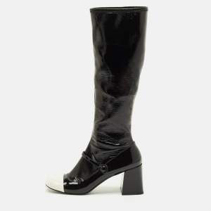 Pre Owned Miu Miu Size 41 Black/White Leather and Patent Leather Knee Length Boots