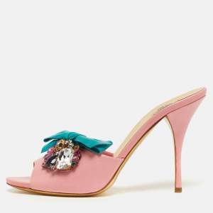 مملوكة مسبقًا Miu Miu Size 40 Pink Leather Crystal Embellished Bow Slide Sandals