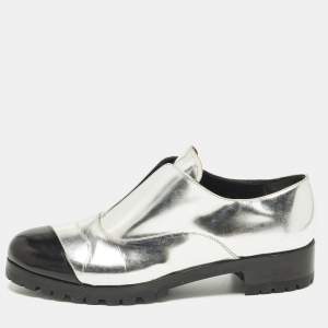 Pre Owned Miu Miu Size 38.5 Silver/Black Leather Slip On Derby