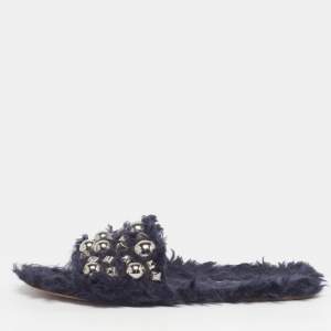 Pre Owned Miu Miu Size 40 Navy Blue Faux Fur Embellished Flat Slide Sandals