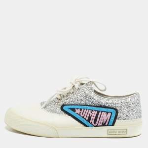 Pre Owned Miu Miu Patch Size 38.5 White/Silver Glitter and Leather Low Top Sneakers