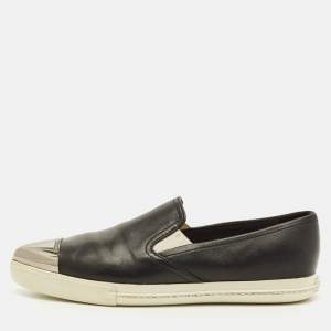Pre Owned Miu Miu Size 38.5 Black Leather and Metal Metal Cap Toe Slip On Sneakers