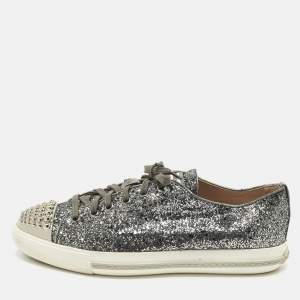Pre Owned Miu Miu Size 39 Metallic Dark Grey Glitter Studded Cap Toe Low Top Sneakers