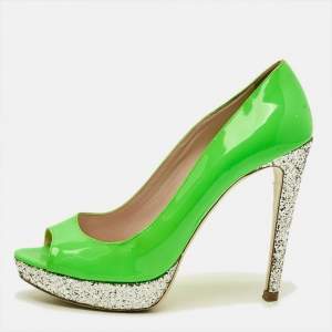 Pre Owned Miu Miu Size 38.5 Green/Silver Glitter and Patent Leather Peep Toe Pumps